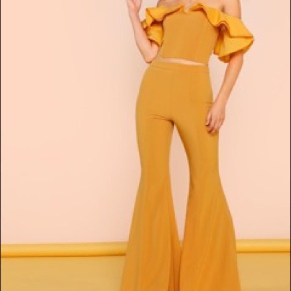 Two piece Ruffle Crop Top and Flared Dress Pants